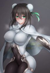 Rule 34 | 1girl, arm guards, black hair, blush, bodysuit, breasts, bun cover, cape, chinese clothes, closed mouth, cloud print, covered erect nipples, double bun, fate/grand order, fate (series), frown, green eyes, hair bun, highres, large breasts, looking at viewer, qin liangyu (fate), sidelocks, simple background, skin tight, solo, standing, white cape, yoh0cid