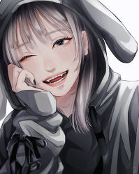 Rule 34 | 1girl, :d, animal hood, bad id, bad pixiv id, black nails, black ribbon, blue eyes, fangs, fingernails, grey hair, grey hoodie, hand on own cheek, hand on own face, highres, hood, hood up, hoodie, long hair, long sleeves, looking at viewer, nail polish, one eye closed, open mouth, original, rabbit hood, ribbon, simple background, sleeve ribbon, smile, solo, tsunko (9v2 q), upper body, white background