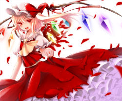 Rule 34 | 1girl, akeyo26, ascot, blonde hair, bow, dress, fang, female focus, flandre scarlet, hat, highres, long hair, looking at viewer, open mouth, petals, petticoat, red dress, red eyes, side ponytail, solo, touhou, white background, wings