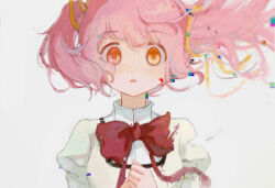 Rule 34 | 1girl, bow, cha xinzi, chinese commentary, film grain, floating clothes, glitch, highres, kaname madoka, mahou shoujo madoka magica, mahou shoujo madoka magica (anime), orange eyes, parted lips, pink hair, red bow, ribbon, school uniform, short hair, short twintails, solo, twintails, white background, yellow ribbon