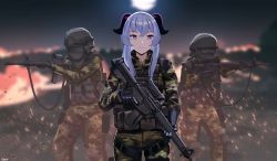 Rule 34 | 1girl, 2others, absurdres, ammunition pouch, assault rifle, black gloves, blue hair, camouflage, closed mouth, combat helmet, commission, ganyu (genshin impact), gar32, genshin impact, gloves, green jacket, green pants, gun, gun sling, helmet, highres, holding, holding gun, holding weapon, horns, jacket, long hair, long sleeves, multicolored pants, multiple others, night, outdoors, pants, pouch, rifle, soldier, solo focus, trigger discipline, weapon