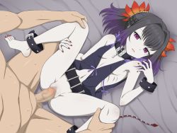 Rule 34 | 1boy, 1girl, bare shoulders, black choker, black hair, black thighhighs, braid, censored, choker, flower, hair flower, hair ornament, highres, medium hair, missionary, mole, mole under eye, mosaic censoring, multicolored hair, multiple braids, nail polish, penis, purple eyes, purple hair, red nails, sex, sideless outfit, solo, symonne (tales), tales of (series), tales of zestiria, thighhighs, translation request, twintails, two-tone hair, yaomai