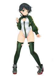 Rule 34 | 1girl, absurdres, alice gear aegis, black hair, character name, circle cutout, cleavage cutout, clothing cutout, commentary request, companion/af, covered collarbone, front zipper, full-length zipper, full body, green eyes, green jacket, green thighhighs, grey footwear, heattech leotard, highleg, highleg leotard, highres, jacket, kantai collection, leotard, mogami (kancolle), race queen, short hair, simple background, sleeveless turtleneck leotard, smile, solo, thighhighs, two-tone leotard, white background, white leotard, yashin (yasinz), zipper, zipper leotard, zipper pull tab