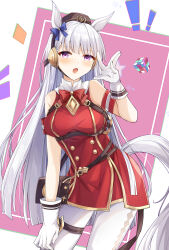 Rule 34 | 1girl, absurdres, animal ears, blunt bangs, bow, bowtie, brown bag, brown headwear, contrapposto, cowboy shot, dress, fang, gloves, gold ship (umamusume), grey hair, highres, horse ears, horse girl, horse tail, long hair, pantyhose, pillbox hat, purple eyes, red bow, red bowtie, red dress, roppongi (fmcn7578), skin fang, sleeveless, sleeveless dress, solo, tail, umamusume, white gloves, white pantyhose