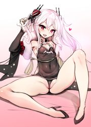Rule 34 | 1girl, absurdres, armpits, azur lane, bare legs, bare shoulders, black panties, breasts, cleft of venus, covered navel, detached sleeves, female focus, gradient background, hair between eyes, harigane shinshi, head tilt, heart, high heels, highres, long hair, looking at viewer, one-piece swimsuit, open mouth, panties, partially visible vulva, red eyes, shiny skin, silver hair, sitting, small breasts, solo, spread legs, swimsuit, twintails, underwear, vampire (azur lane), vampire (the breath of spring) (azur lane), very long hair, wedgie