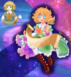 Rule 34 | 1girl, ai-generated art (topic), blonde hair, blue eyes, boots, bright pupils, brown footwear, collared shirt, frilled skirt, frills, green shirt, green skirt, hanayanaa, highres, holding, holding quill, layered sleeves, long sleeves, looking at viewer, midriff peek, open mouth, original, quill, reference inset, scroll, shirt, short hair, short over long sleeves, short sleeves, signature, skirt, smile, solo, touhou, white pupils