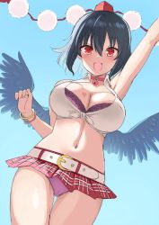 Rule 34 | 1girl, :d, alternate costume, amesuku gyaru, arm up, belt, bird wings, black hair, blue background, blush, bra, bracelet, breast tattoo, breasts, choker, cleavage, collared shirt, commentary, cowboy shot, fang, gyaru, hair between eyes, hamaburicchi, hat, heart, heart choker, heart tattoo, highres, jewelry, kogal, large breasts, lock, looking at viewer, microskirt, navel, open clothes, open mouth, open shirt, padlock, panties, pink bra, pink choker, pink panties, plaid, plaid skirt, pleated skirt, pom pom (clothes), red eyes, red hat, red skirt, shameimaru aya, shirt, short hair, simple background, skirt, smile, solo, stomach, tattoo, thigh gap, thighs, tied shirt, tokin hat, touhou, underwear, white belt, white shirt, wing collar, wings