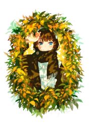 Rule 34 | 1girl, blue eyes, blunt bangs, bob cut, brown hair, dappled sunlight, enpera, highres, leaves, looking at viewer, scarf, simple background, smile, solo, sunlight, swept bangs, white background