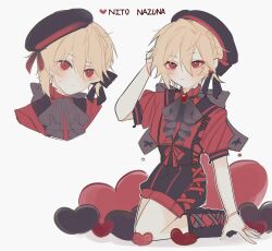 Rule 34 | 1boy, absurdres, androgynous, ascot, beret, black ascot, black footwear, black hat, black shorts, blonde hair, boots, braid, character name, ensemble stars!, full body, gem, grey background, hat, highres, male focus, nailoko, nito nazuna, red eyes, red gemstone, red shirt, shirt, short hair, shorts, simple background, solo