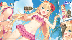 Rule 34 | ahoge, albacore (azur lane), ass, azur lane, blonde hair, blush, breasts, collarbone, commentary, eyewear on head, fang, flower, green eyes, hair flower, hair ornament, highres, kani biimu, looking at viewer, lotion, navel, open mouth, small breasts, swimsuit, underboob, wet