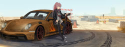 Rule 34 | 1girl, black thighhighs, car, city, commission, danzir, day, desert, gun, highres, holding, holding weapon, horizon, jacket, long hair, looking away, motor vehicle, original, pink eyes, pink hair, ponytail, road sign, scenery, shoes, sign, sky, solo, sports car, standing, thighhighs, traffic barrier, traffic cone, vehicle focus, weapon