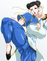 Rule 34 | 1girl, black hair, blue dress, blue pants, bracelet, breasts, brown hair, capcom, china dress, chinese clothes, chun-li, cleavage, cleavage cutout, clothing cutout, cropped legs, dress, eyeliner, fighting stance, flats, groin, hair pulled back, hair ribbon, highres, jewelry, lips, makeup, muscular, muscular female, muscular legs, open mouth, pants, pelvic curtain, ribbon, short sleeves, simple background, solo, street fighter, street fighter 6, thick thighs, thighs, toguchi masaya, white background