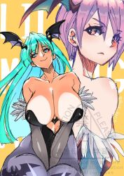 2girls bare_shoulders black_leotard breasts cleavage clothing_cutout darkstalkers demon_girl demon_wings green_eyes green_hair head_wings heart_cutout large_breasts leotard lilith_(darkstalkers) long_hair morrigan_aensland multiple_girls pantyhose purple_eyes purple_hair purple_pantyhose rosie_rosie short_hair simple_background sitting smile wings yellow_background