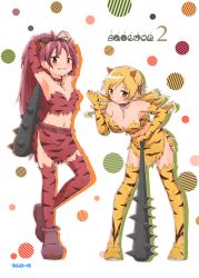 Rule 34 | 2girls, absurdres, animal print, arms behind head, belt, black bow, blonde hair, blush, boots, bow, breasts, cleavage, club, club (weapon), collar, drill hair, elbow gloves, fang, full body, gloves, hair between eyes, hair bow, highres, horns, kanabou, large breasts, loincloth, looking at viewer, magia record: mahou shoujo madoka magica gaiden, mahou shoujo madoka magica, mahou shoujo madoka magica (anime), multiple girls, navel, red eyes, red hair, sakura kyoko, setsubun, small breasts, smile, spiked club, thigh boots, thighhighs, tiger print, tomoe mami, twin drills, weapon, yanmaami, yellow eyes