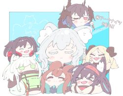 &gt;_&lt; 1boy 6+girls :d amiya_(arknights) animal_ears arknights blaze_(arknights) blush cat_ears cat_girl closed_eyes closed_mouth closure_(arknights) commentary_request demon_boy demon_girl demon_horns fang green_eyes head_wings highres hiroyo38110 horns ifrit_(arknights) kal&#039;tsit_(arknights) logos_(arknights) multiple_girls one_eye_closed open_mouth rabbit_ears rabbit_girl red_eyes rosmontis_(arknights) skin_fang smile translation_request wings