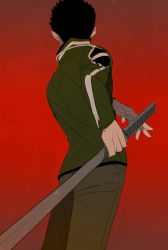 Rule 34 | 1boy, black hair, blurry, bow, chokuboron ryou, cowboy shot, facing away, fighting stance, from behind, green jacket, green pants, holding, holding sword, holding weapon, jacket, long sleeves, male focus, pants, ready to draw, red bow, sasamori hisato, short hair, simple background, solo, spiked hair, standing, sword, weapon, world trigger