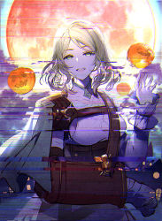 Rule 34 | 1girl, arm sling, banned artist, belt, blonde hair, breasts, building, capelet, cast, cloud, commentary, corset, glitch, grace (granblue fantasy), granblue fantasy, hand up, jack-o&#039;-lantern, looking at viewer, medium breasts, moon, night, open mouth, shirt, short hair, skirt, smile, solo, tsukumi (tkmillust), turtleneck, upper body, waving, white shirt, yellow eyes