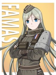 Rule 34 | 1girl, armor, belt, black nails, blue eyes, character name, closed mouth, crossed arms, er huaa, famas (girls&#039; frontline), french flag, frown, garrison cap, girls&#039; frontline, green hair, hair between eyes, hat, head tilt, highres, long hair, nail polish, solo, very long hair, yellow background