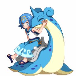 Rule 34 | 1girl, baggy pants, bare arms, blouse, blue eyes, blue footwear, blue hair, blue one-piece swimsuit, blue pants, blue sailor collar, blush, bright pupils, capri pants, closed eyes, closed mouth, collarbone, creatures (company), crop top, fins, flipped hair, flippers, full body, game freak, gen 1 pokemon, hairband, headpat, horns, lana (pokemon), lapras, lowres, nintendo, one-piece swimsuit, pants, pokemon, pokemon (creature), pokemon sm, riding, riding pokemon, sailor collar, sandals, shirokuro (oyaji), shirt, shoe dangle, shoes, short hair, sidesaddle, simple background, single horn, sitting, sleeveless, sleeveless shirt, smile, swimsuit, swimsuit under clothes, trial captain, white background, white shirt