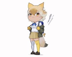 Rule 34 | 1girl, :3, absurdres, adapted costume, animal ears, asymmetrical legwear, backpack, bag, bag charm, beleven, black jacket, black thighhighs, blonde hair, blue bow, blue bowtie, blush, bow, bowtie, brown skirt, charm (object), collared shirt, coyopotato, coyote (kemono friends), extra ears, gloves, hair between eyes, highres, jacket, kemono friends, kemono friends v project, light brown hair, long sleeves, multicolored hair, pleated skirt, shirt, short hair, sidelocks, skirt, solo, striped clothes, striped thighhighs, t-shirt, tail, thighhighs, translation request, two-tone thighhighs, vertical-striped clothes, vertical-striped thighhighs, virtual youtuber, white hair, white shirt, white thighhighs, wolf ears, wolf girl, wolf tail, yellow eyes, yellow gloves, yellow thighhighs, zettai ryouiki