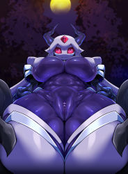 Rule 34 | 1girl, bar censor, breasts, censored, cleft of venus, colored skin, forehead jewel, highres, horns, humanoid robot, large breasts, long hair, looking at viewer, monster girl, navel, orca (pochincoff), original, pochincoff, purple skin, pussy, red eyes, robot, smile, solo