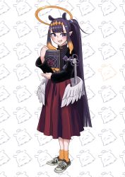 Rule 34 | 1girl, absurdres, alternate costume, alternate hairstyle, black eyes, black hair, black sweater, blunt bangs, converse, fang, halo, highres, hololive, hololive english, knifecat, long hair, low wings, mole, mole under eye, ninomae ina&#039;nis, open mouth, ponytail, red skirt, shoes, skirt, sneakers, solo, sweater, takodachi (ninomae ina&#039;nis), tentacle hair, turtleneck, very long hair, virtual youtuber, wings