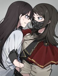 2girls bang_dream! bang_dream!_it&#039;s_mygo!!!!! black_gloves black_hair black_vest capelet closed_mouth commentary_request earrings eye_contact gloves green_eyes grey_background hair_behind_ear hair_between_eyes highres jacket jewelry long_hair long_sleeves looking_at_another mask medium_hair mouth_mask multiple_girls nanami_(nunnun_0410) purple_eyes red_capelet shiina_taki shirt shirt_grab sidelocks simple_background sweat sweatdrop vest white_jacket white_shirt yahata_umiri yuri
