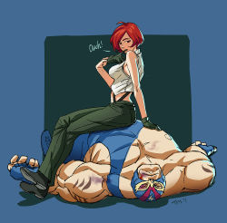 Rule 34 | 1boy, 1girl, breasts, bruise, commentary, crossed legs, defeat, girl on top, glove pull, injury, mature female, medium breasts, mouth pull, muscular, raiden (snk), red eyes, red hair, short hair, sitting, sitting on person, size difference, sleeveless, suspenders, the king of fighters, tim yan, unconscious, vanessa (kof), wrestling mask, wrestling outfit