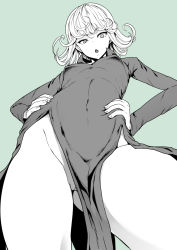 Rule 34 | 1girl, bare legs, black dress, breasts, cleft of venus, covered navel, curly hair, dress, from below, green theme, hands on own hips, highres, long sleeves, looking at viewer, looking down, miyamoto issa, monochrome, no panties, one-punch man, open mouth, partially visible vulva, popped collar, pussy, short hair, simple background, small breasts, solo, tatsumaki, thighs, uncensored