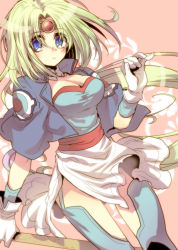 Rule 34 | 1990s (style), 1girl, blue eyes, breasts, circlet, female focus, gloves, green hair, haou taikei ryuu knight, long hair, paffy pafuricia, solo, staff, tenkuu sphere, thighhighs