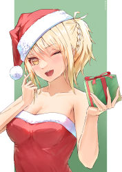 Rule 34 | 1girl, absurdres, artist name, artist request, bare shoulders, blonde hair, blush, box, braid, breasts, christmas present, cleavage, collarbone, crown braid, female focus, fur trim, gift, gift box, hat, highres, huge filesize, looking at viewer, love live!, love live! nijigasaki high school idol club, miyashita ai, notinversion, one eye closed, open mouth, outstretched hand, pointing, pointing at self, santa costume, santa hat, short hair, smile, solo, teeth, upper body, upper teeth only, yellow eyes