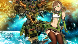 Rule 34 | 1girl, brown hair, chain, clenched hand, clothing cutout, garimpeiro, glowing, glowing eyes, hair rings, hand on own hip, highres, long hair, looking at viewer, mecha, midriff, navel, open mouth, orange eyes, original, pilot suit, robot, stomach cutout, thighhighs