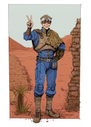 Rule 34 | 1boy, armor, belt, blue jumpsuit, boots, breastplate, brick wall, collar, desert, fallout (series), fallout: new vegas, hand on own hip, highres, jumpsuit, leg wrap, leona-florianova, looking at viewer, male focus, one eye closed, open mouth, peace symbol, pip boy, signature, smile, sunglasses, v
