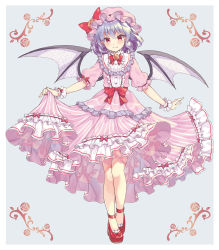 Rule 34 | 1girl, absurdres, bat wings, beni kurage, blue hair, blush, bow, commentary request, dress, fang, fang out, flower, footwear bow, frilled dress, frills, full body, grey background, hat, hat bow, highres, medium hair, mob cap, pink dress, pink hat, pinky out, pointy ears, red bow, red eyes, red footwear, red neckwear, remilia scarlet, rose, shoes, short sleeves, skirt hold, smile, solo, touhou, wings, wrist cuffs