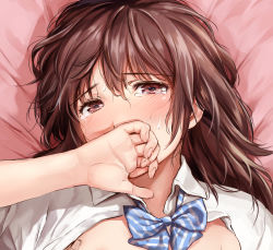 Rule 34 | 1girl, bad id, bad nicoseiga id, bed sheet, blue bow, blue bowtie, blush, bow, bowtie, brown eyes, brown hair, close-up, collared shirt, covered mouth, covering own mouth, crying, crying with eyes open, hair between eyes, highres, implied sex, long hair, looking at viewer, lying, on back, on bed, original, shirt, solo, striped bow, striped bowtie, striped clothes, striped neckwear, tears, umakuchi shouyu (into-rain), unbuttoned, unbuttoned shirt, white shirt, wing collar