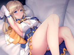 Rule 34 | 1girl, arm up, armpits, bare shoulders, blonde hair, blue eyes, bow, bowtie, breasts, cleavage, closed mouth, collarbone, cucouroux (granblue fantasy), cucouroux (halloween) (granblue fantasy), detached sleeves, gloves, granblue fantasy, hair ribbon, highres, knee up, large breasts, long hair, long sleeves, looking at viewer, lying, melopun, on back, panties, ribbon, shirt, sideboob, sidelocks, skirt, solo, thighs, twintails, underwear, white gloves, white panties, white shirt