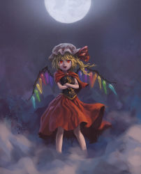 Rule 34 | 1girl, ascot, bare arms, bare legs, blonde hair, brooch, cape, crossed arms, fangs, flandre scarlet, fog, full body, full moon, halloween, hat, hat ribbon, highres, jewelry, long hair, looking at viewer, mob cap, moon, night, outdoors, red eyes, red ribbon, red skirt, reddizen, ribbon, skirt, sky, slit pupils, smile, solo, standing, star (sky), starry sky, touhou, wings