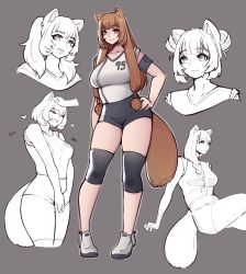 Rule 34 | 1girl, :d, alternate hairstyle, animal ears, blunt bangs, bob cut, braid, braided ponytail, breasts, brown hair, collarbone, cowboy shot, curvy, double bun, full body, hair bun, hair over shoulder, hair tubes, hand on own hip, happy, headpat, heart, highres, large breasts, long hair, luxu, multiple persona, open mouth, pink eyes, raccoon ears, raccoon girl, raccoon tail, raphtalia, shoes, short hair, sidelocks, smile, sneakers, solo, sportswear, standing, tail, tate no yuusha no nariagari, thick thighs, thighs, twintails, wide hips