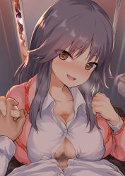 Rule 34 | 1boy, 2girls, blush, breasts, breasts squeezed together, censored, cleavage, collarbone, collared shirt, dress shirt, handsfree paizuri, hetero, holding hands, interlocked fingers, jacket, large breasts, long hair, long sleeves, looking at viewer, makoto (princess connect!), makoto (real) (princess connect!), mosaic censoring, multiple girls, oonaka ito, open mouth, paizuri, paizuri under clothes, parted bangs, penis, pink jacket, princess connect!, purple hair, shirt, sidelocks, smile, solo focus, voyeurism, watching, white shirt, yellow eyes, yui (princess connect!), yui (real) (princess connect!)