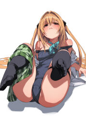 Rule 34 | 1girl, aqua bow, aqua bowtie, arm support, armpit crease, ass, bare shoulders, black ribbon, black socks, blonde hair, blue one-piece swimsuit, blush, bow, bowtie, breasts, closed mouth, commentary, covered navel, feet, fu-ta, full body, green skirt, hair between eyes, hair intakes, hair ribbon, highres, kneehighs, konjiki no yami, legs, long hair, looking at viewer, lying, miniskirt, no shoes, off shoulder, on back, one-piece swimsuit, open clothes, open shirt, partially visible vulva, plaid, plaid skirt, pleated skirt, red eyes, ribbon, sainan high school uniform, school swimsuit, school uniform, shadow, shirt, sidelocks, simple background, skindentation, skirt, skirt around one leg, small breasts, socks, soles, solo, sweatdrop, swimsuit, swimsuit under clothes, thigh strap, thighs, to love-ru, to love-ru darkness, toes, two side up, very long hair, white background, white shirt