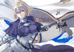 Rule 34 | 1girl, absurdly long hair, armor, black bow, blonde hair, blue eyes, bow, braid, breasts, byakuya kaien, closed mouth, fate/grand order, fate (series), flag, hair bow, headpiece, holding, holding flag, jeanne d&#039;arc (fate), jeanne d&#039;arc (ruler) (fate), large breasts, long hair, looking at viewer, smile, solo, very long hair
