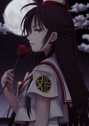 Rule 34 | 1girl, absurdres, akira ferrari, aria (manga), blush, bow, bowtie, brown eyes, brown hair, cloud, cloudy sky, commentary request, dress, earrings, eyelashes, flower, from side, full moon, hand up, highres, himeya company uniform, holding, jewelry, long hair, looking at viewer, moon, night, night sky, parted lips, pink nails, red bow, red bowtie, red flower, red headwear, red rose, rose, sailor collar, shadow, short sleeves, sky, solo, telaform, two-tone headwear, upper body, white dress, white headwear