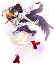 Rule 34 | 1girl, bad id, bad tinami id, black hair, black wings, feathered wings, female focus, geta, hand fan, hat, holding, looking at viewer, mitsuk, mitsukura chikage, outstretched arm, red eyes, ribbon, shameimaru aya, short hair, simple background, skirt, solo, tokin hat, touhou, white background, wings