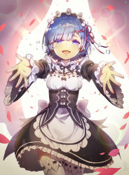 Rule 34 | 10s, 1girl, :d, apron, backlighting, beckoning, black bow, black ribbon, blue eyes, blue hair, bow, cowboy shot, crying, crying with eyes open, curtains, detached sleeves, eyelashes, eyes visible through hair, flying teardrops, frilled sleeves, frills, hair ornament, hair over one eye, hair ribbon, hairband, kakiman, lens flare, looking at viewer, maid, open mouth, outstretched arms, palms, petals, pink ribbon, re:zero kara hajimeru isekai seikatsu, rem (re:zero), revision, ribbon, ribbon-trimmed clothes, ribbon trim, short hair, smile, solo, spread fingers, tears, underbust, waist apron, white apron, white bow, white legwear, wide sleeves, x hair ornament