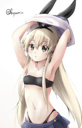 Rule 34 | 10s, 1girl, :o, armpits, arms up, artist name, bandeau, blonde hair, breasts, brown eyes, chestnut mouth, collarbone, fuyu mi, hairband, kantai collection, midriff, navel, pleated skirt, shimakaze (kancolle), simple background, skirt, small breasts, solo, strapless, strapless one-piece swimsuit, swimsuit, swimsuit under clothes, undressing, white background