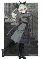 Rule 34 | 1girl, anchovy (girls und panzer), armband, black footwear, boots, border, brown eyes, commentary request, cross-laced footwear, dress, drill hair, frilled dress, frills, from side, full body, girls und panzer, grey hair, hair ribbon, highres, holding, holding riding crop, knee boots, lace-up boots, liberta815, long dress, long hair, long sleeves, looking at viewer, looking to the side, red armband, ribbon, riding crop, solo, stairs, standing, twin drills, twintails, twitter username, white border
