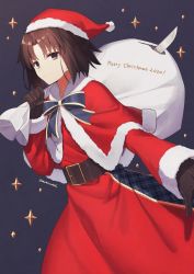 Rule 34 | 1girl, alternate costume, bad id, bad twitter id, bow, bowtie, brown hair, christmas, expressionless, fate/grand order, fate (series), feet out of frame, fur-trimmed jacket, fur-trimmed sleeves, fur trim, gift bag, hat, highres, jacket, kara no kyoukai, looking at viewer, okakasushi, parted bangs, red jacket, ryougi shiki, santa costume, santa hat, short hair, solo, sparkle