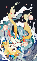Rule 34 | akadako, bright pupils, closed mouth, colored skin, covering own mouth, creatures (company), flower, game freak, gen 3 pokemon, green eyes, hands up, happy, highres, jirachi, legendary pokemon, looking at viewer, mythical pokemon, nintendo, one-hour drawing challenge, own hands together, petals, pink flower, pokemon, pokemon (creature), smile, solo, third eye, upside-down, water, white pupils, white skin