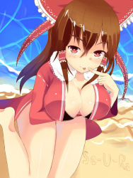 Rule 34 | 1girl, beach, bikini, bikini top only, blush, breast hold, breasts, brown hair, cleavage, day, hair ribbon, hair tubes, hakurei reimu, heart, heart-shaped pupils, highres, jacket, jacket over swimsuit, large breasts, leaning forward, long hair, looking at viewer, ocean, red eyes, ribbon, se-u-ra, sitting, smile, solo, swimsuit, symbol-shaped pupils, tongue, tongue out, touhou