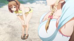 Rule 34 | 2girls, animated, anime screenshot, ass, atelier (series), atelier ryza, bikini, breasts, cleavage, highres, klaudia valentz, large breasts, medium breasts, multiple girls, reisalin stout, squatting, stretching, swimsuit, tagme, thick thighs, thighs, video